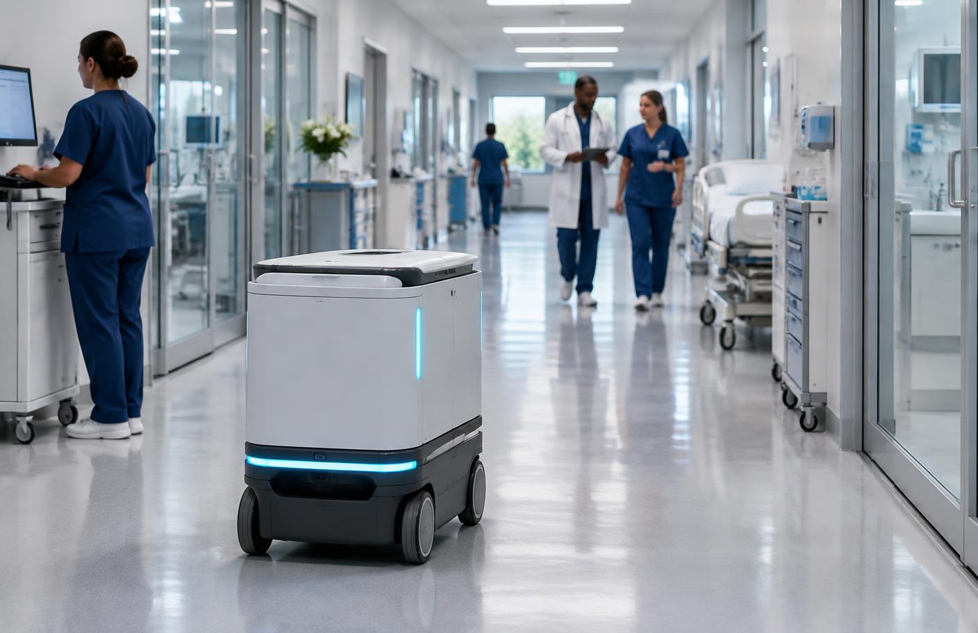 Autonomous delivery robot in a healthcare corridor